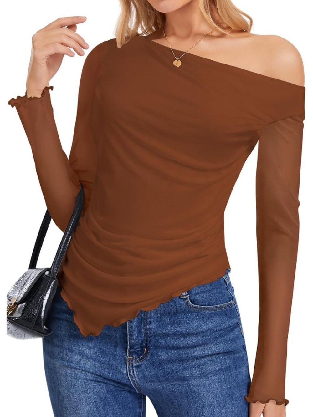 Women's Camel One Shoulder Long Sleeve Asymmetrical Hem Cropped Tight T Shirt